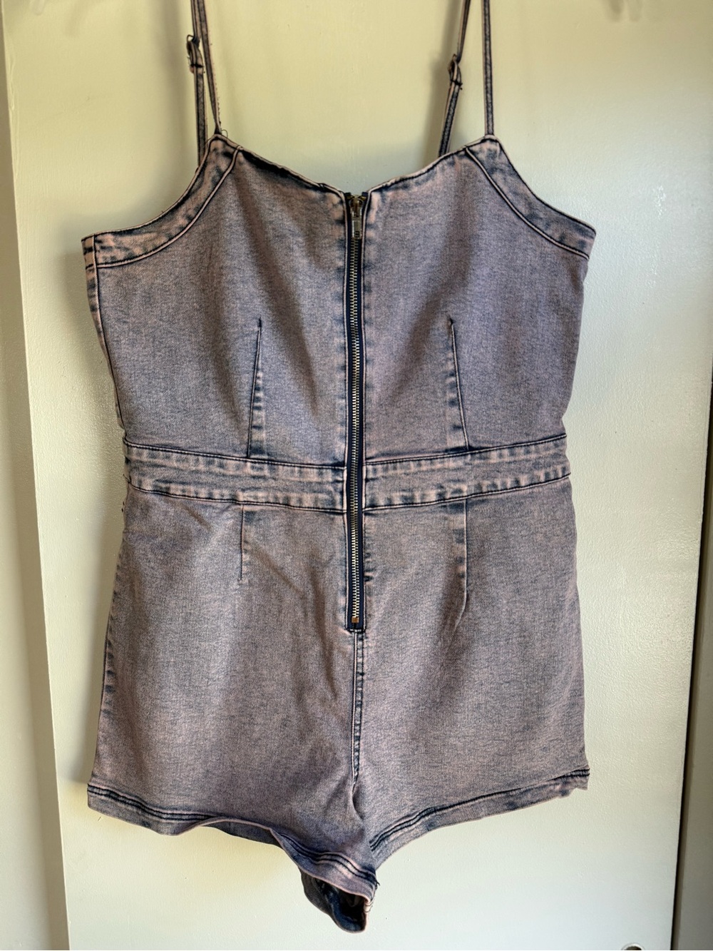 Girls' Washed Gray Denim Romper One-Piece with Front Zip